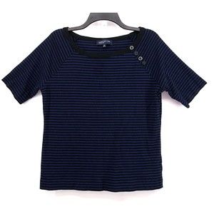 Jones New York Shirt Womens XL Black Striped Short Sleeve 100% Cotton Blouse